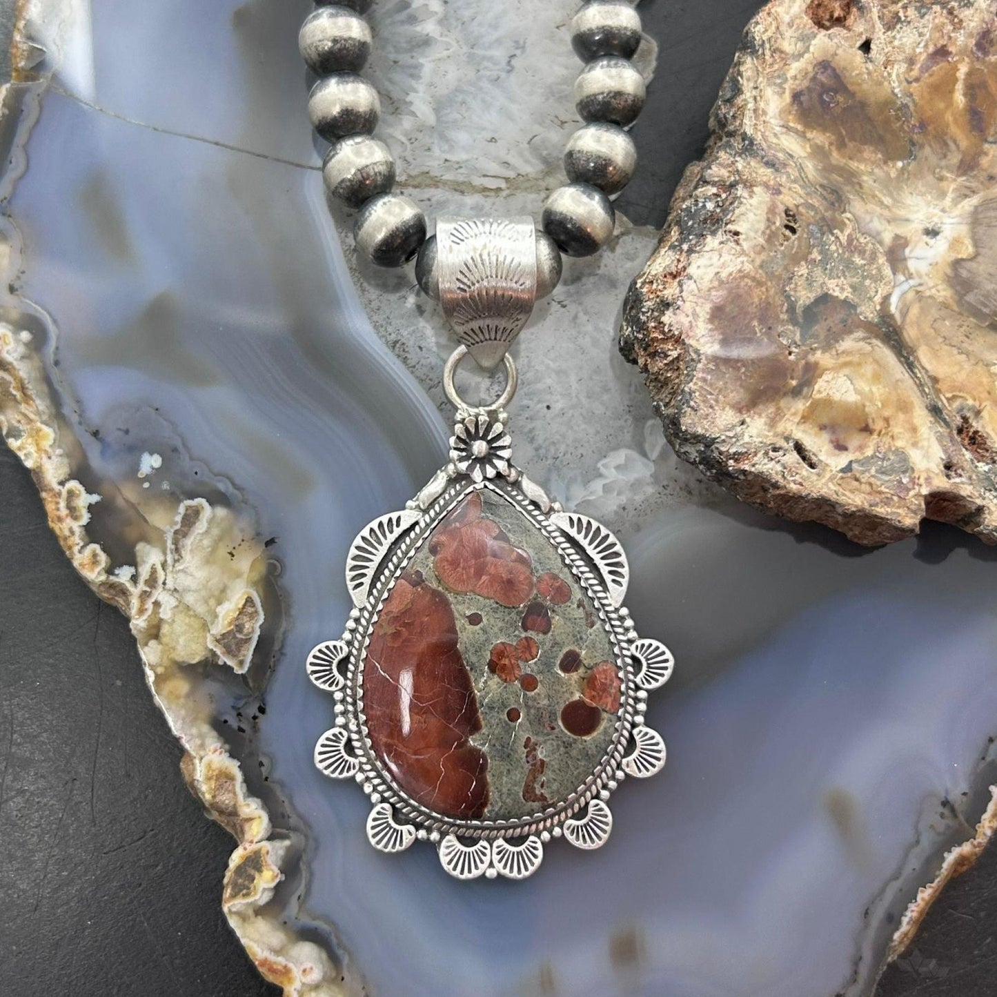 Sterling Silver Southwestern Style Wide Teardrop Peanut Obsidian Pendant For Women