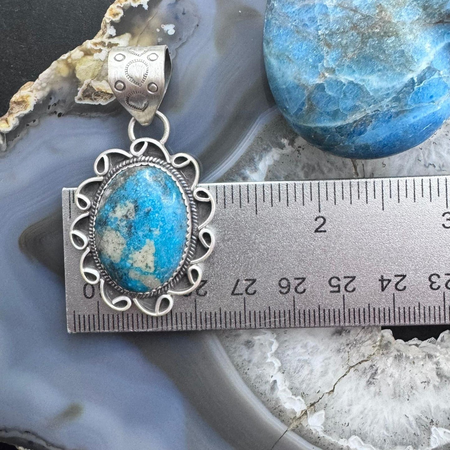 Sterling Silver Southwestern Style Oval Turquoise Decorated Pendant For Women