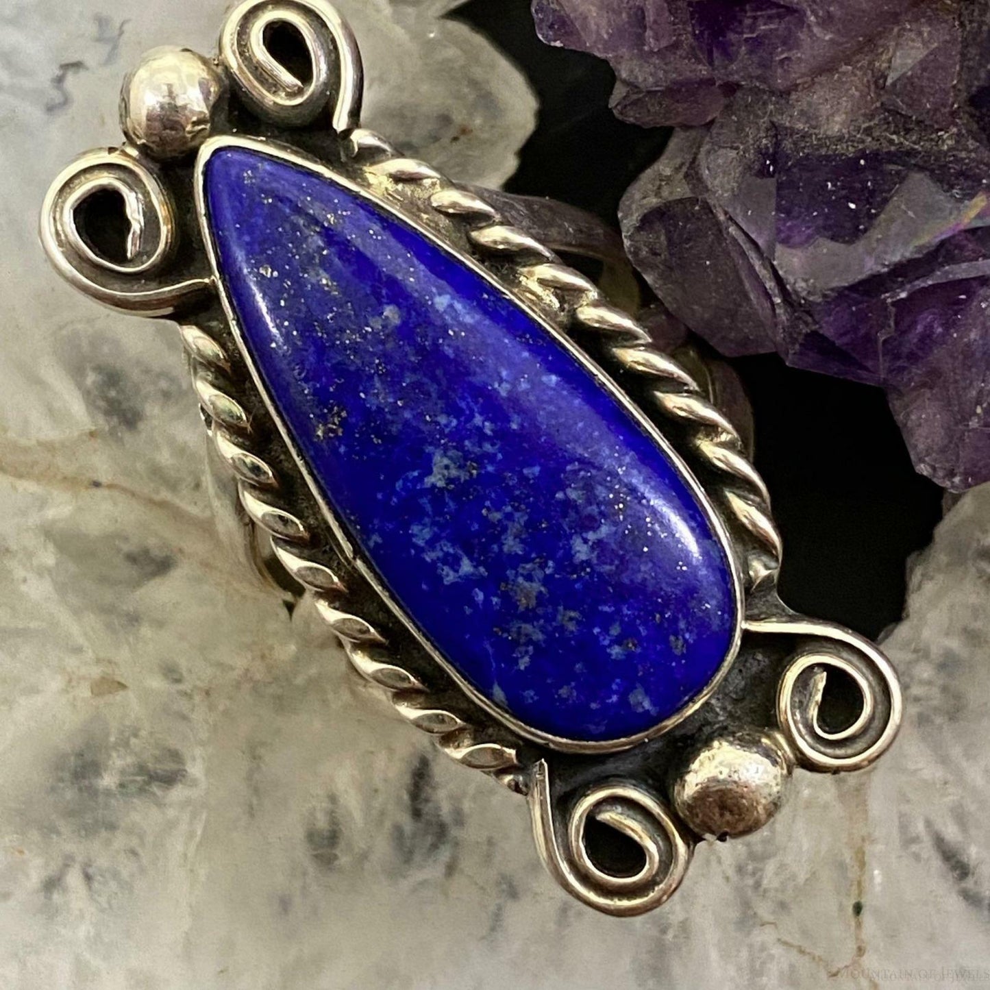 Native American Sterling Silver Lapis Decorated Teardrop Ring SZ 5.75 For Women