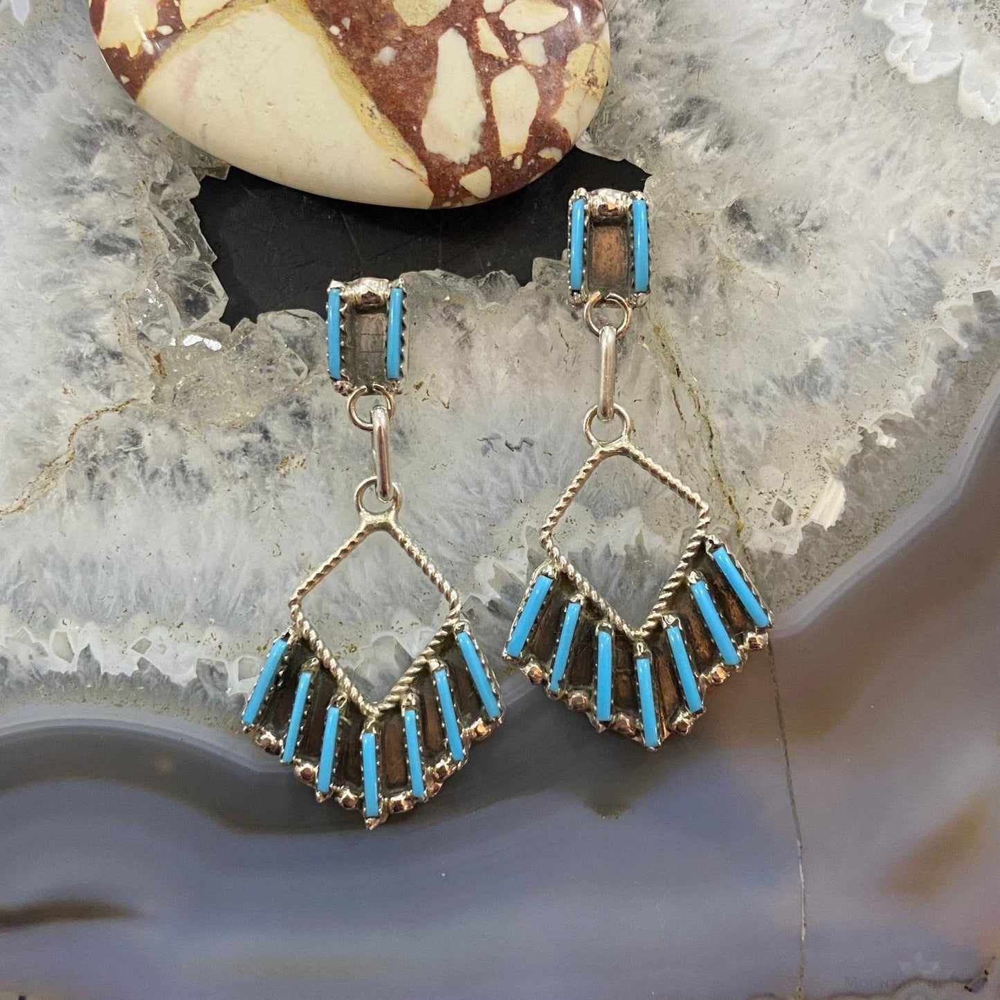 Davis Kaamasee Zuni Sterling Turquoise Needlepoint Dangle Earrings For Women