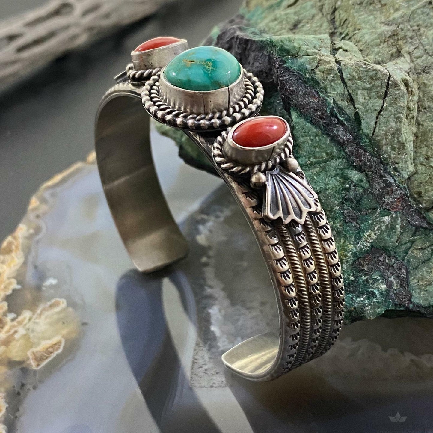M&R Calladitto Sterling Silver Sonora Gold Turquoise & Coral Cuff Bracelet