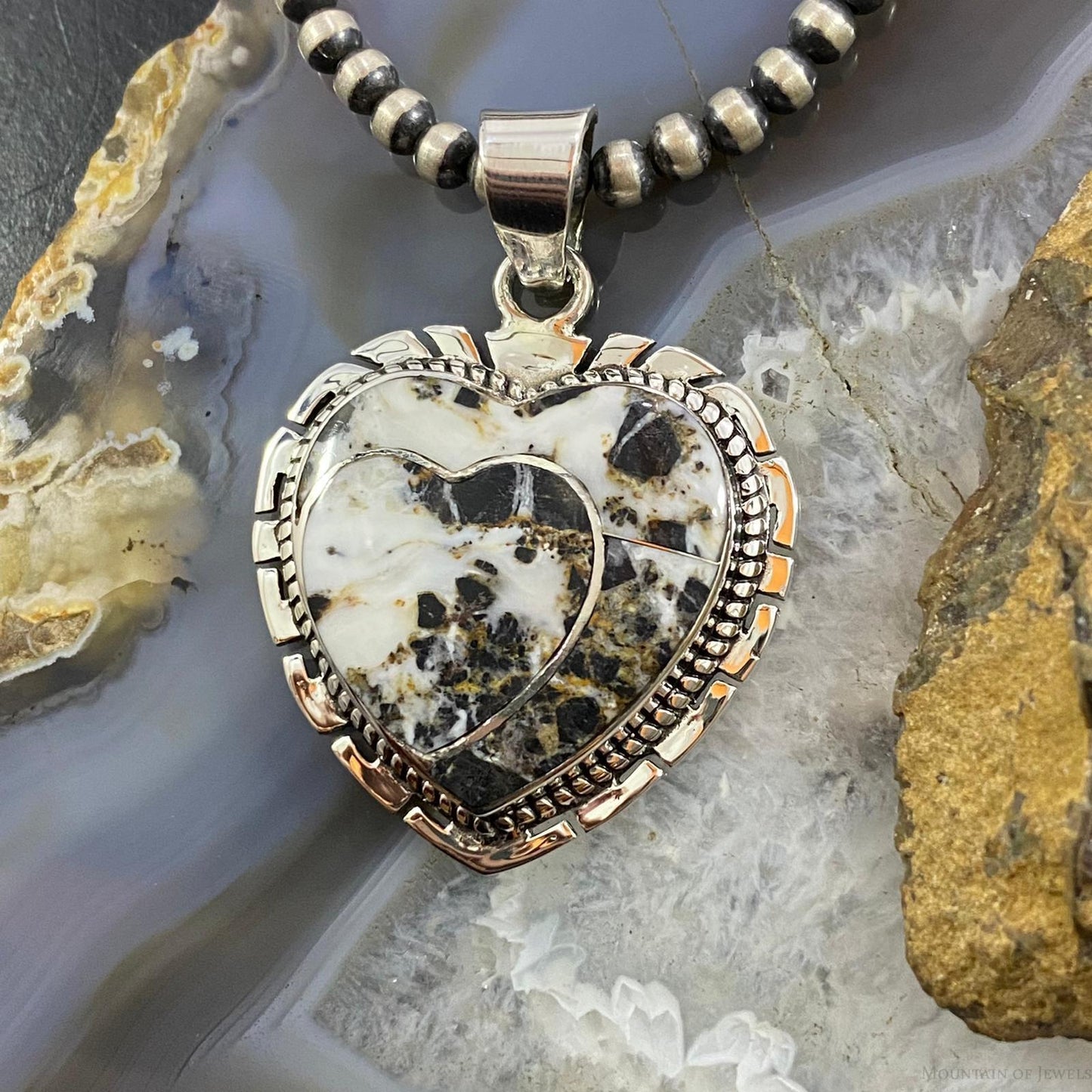 Native American Sterling Silver Double Heart White Buffalo Pendant For Women #2