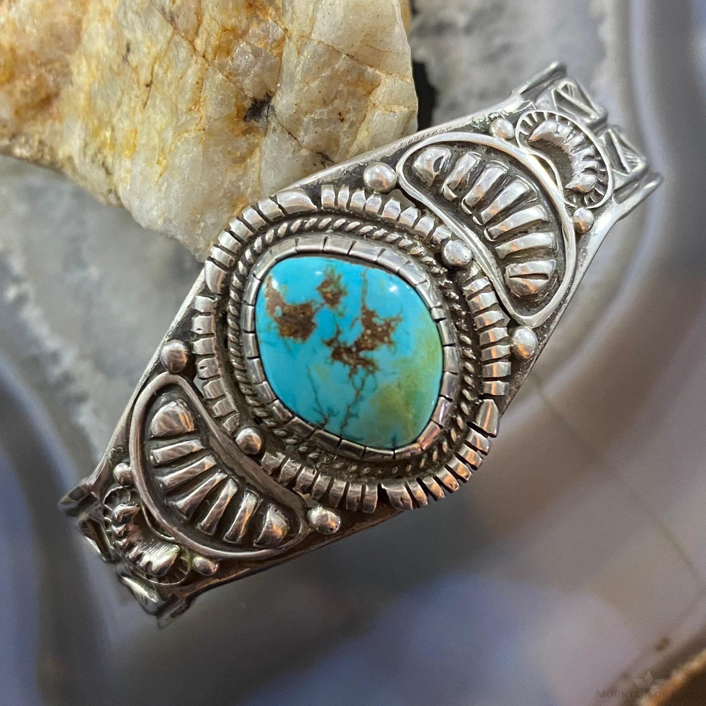 Vintage Signed Native American Sterling Turquoise Decorated Bracelet For Women