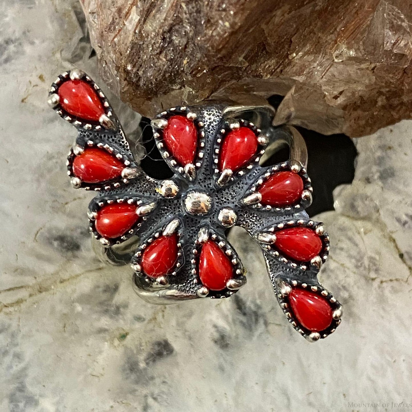 Carolyn Pollack Sterling Silver Red Jasper Cluster Decorated Ring For Women, Variety of Sizes