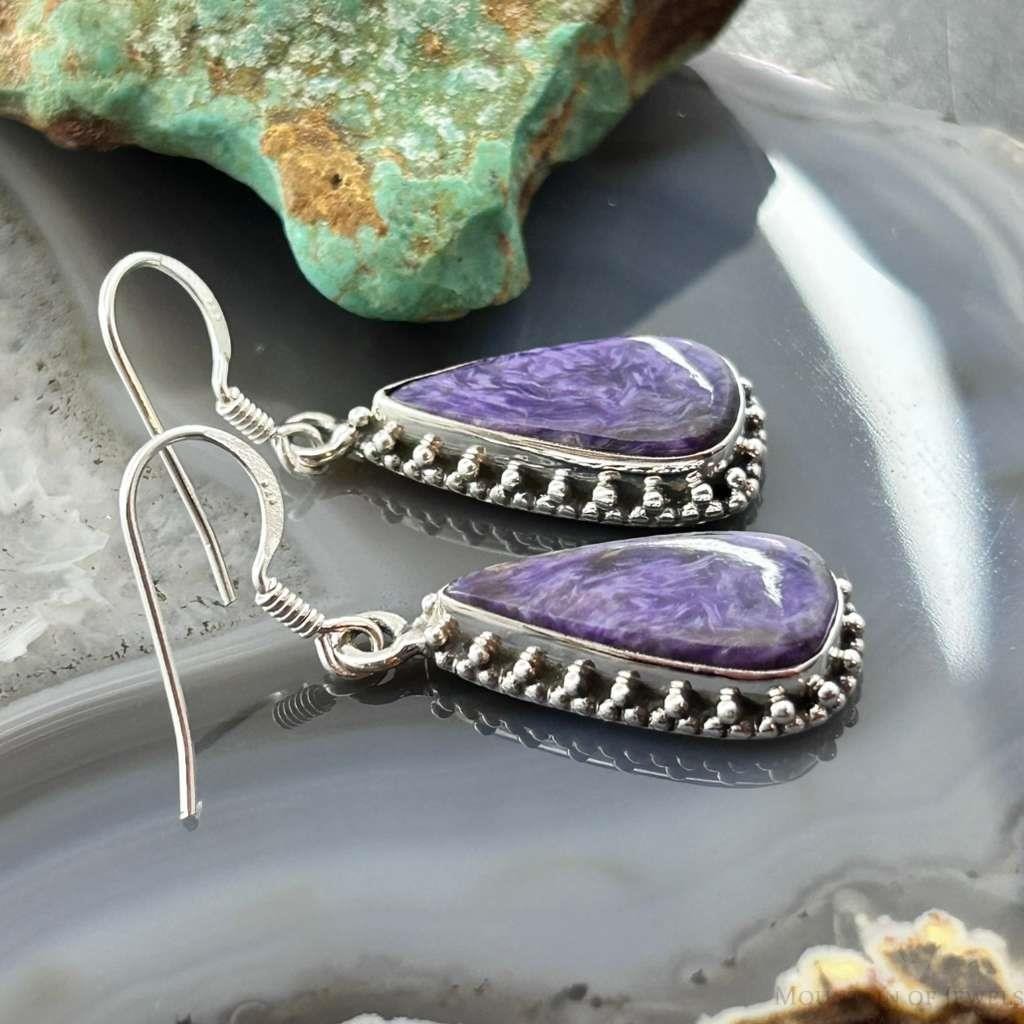 Sterling Silver Southwestern Style Teardrop Charoite Dangle Earrings For Women