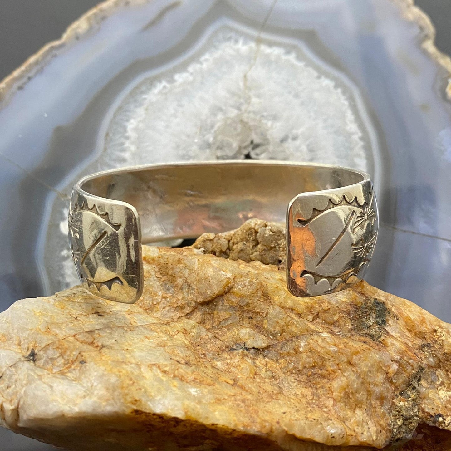 Vintage Native American Sterling Silver Stamped With Sun Rays Bracelet For Women