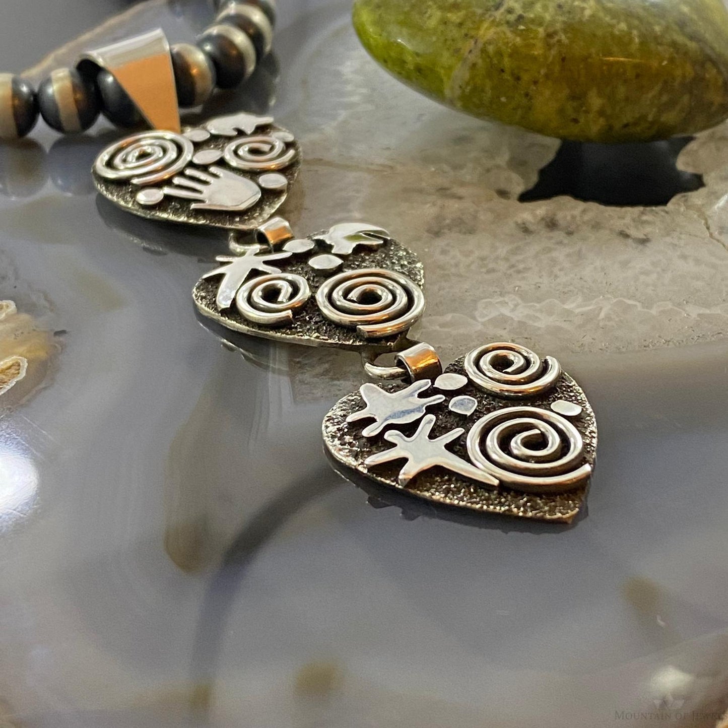 Alex Sanchez Native American Sterling Silver Petroglyph Triple Heart Pendant For Women