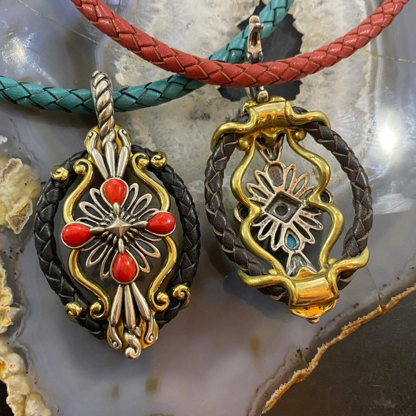 Carolyn Pollack Southwestern Style Sterling Silver/Brass/Leather Multi-gemstone Decorated Pendant For Women