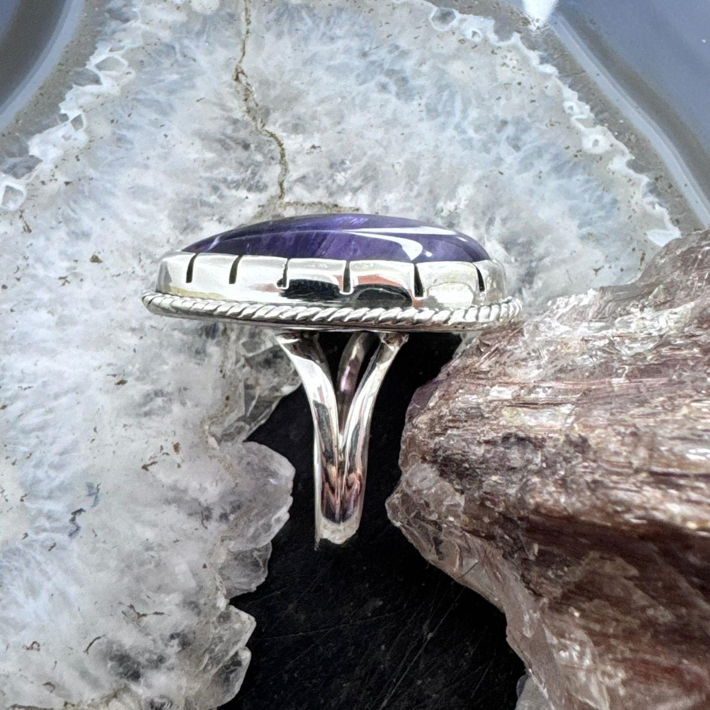 Sterling Silver Southwestern Style Teardrop Amethyst Decorated Ring Size 7 For Women
