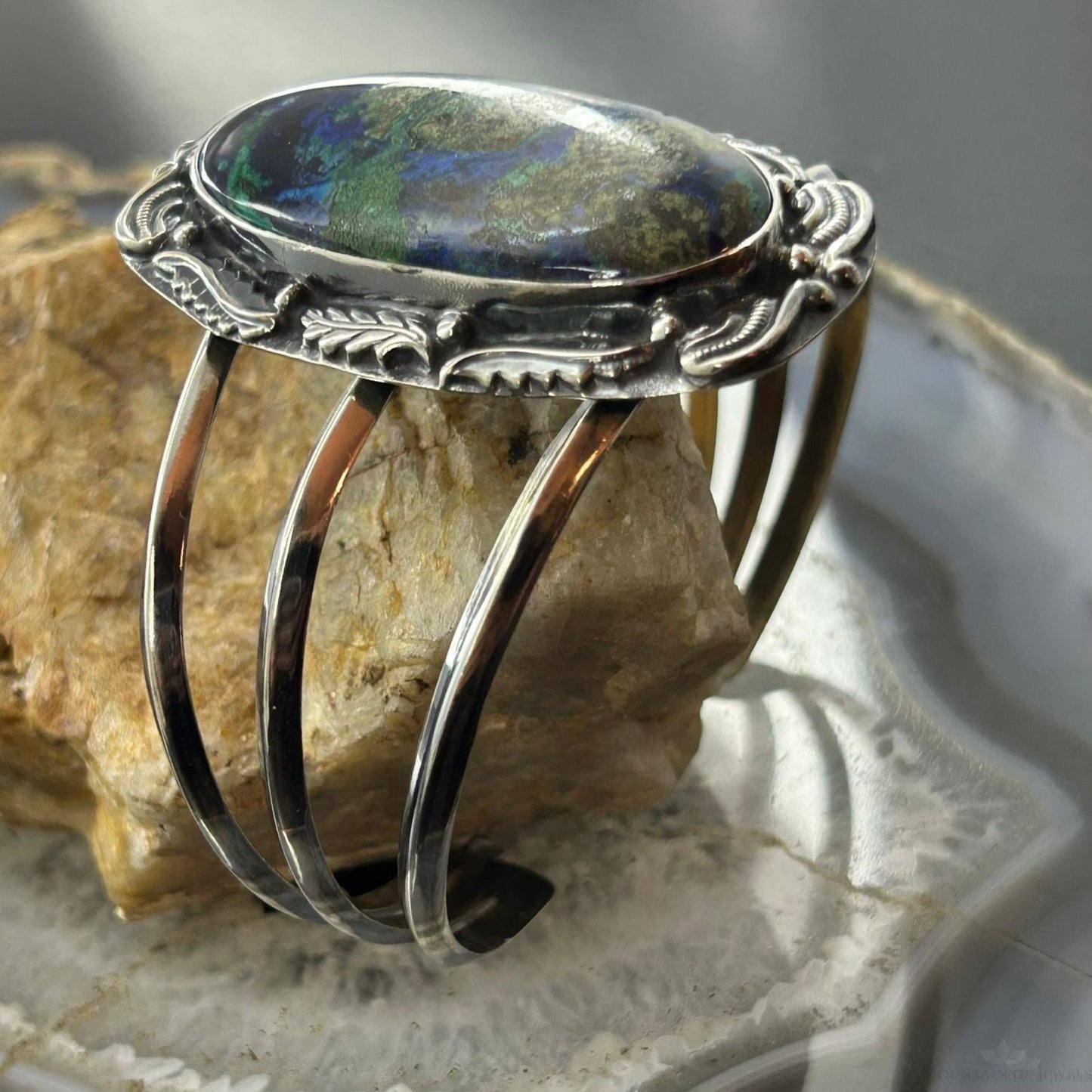 Sterling Silver Southwestern Style Large Oval Azurite Malachite Bracelet For Women