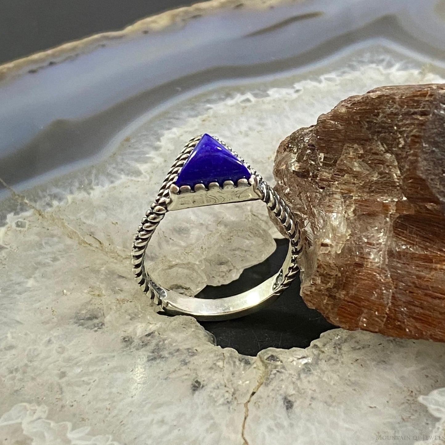 Carolyn Pollack Southwestern Style Sterling Silver Triangle Lapis Lazuli Decorated Ring For Women