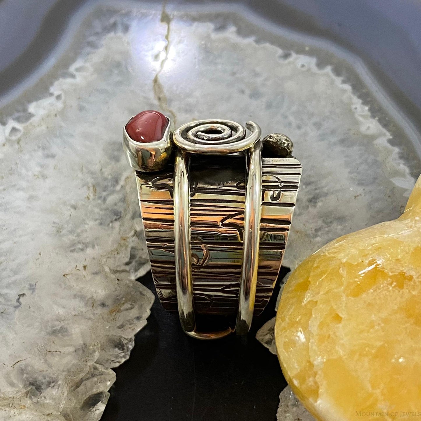 Alex Sanchez Sterling Silver Coral Unique Petroglyph Band Ring Sz 8.75 For Women