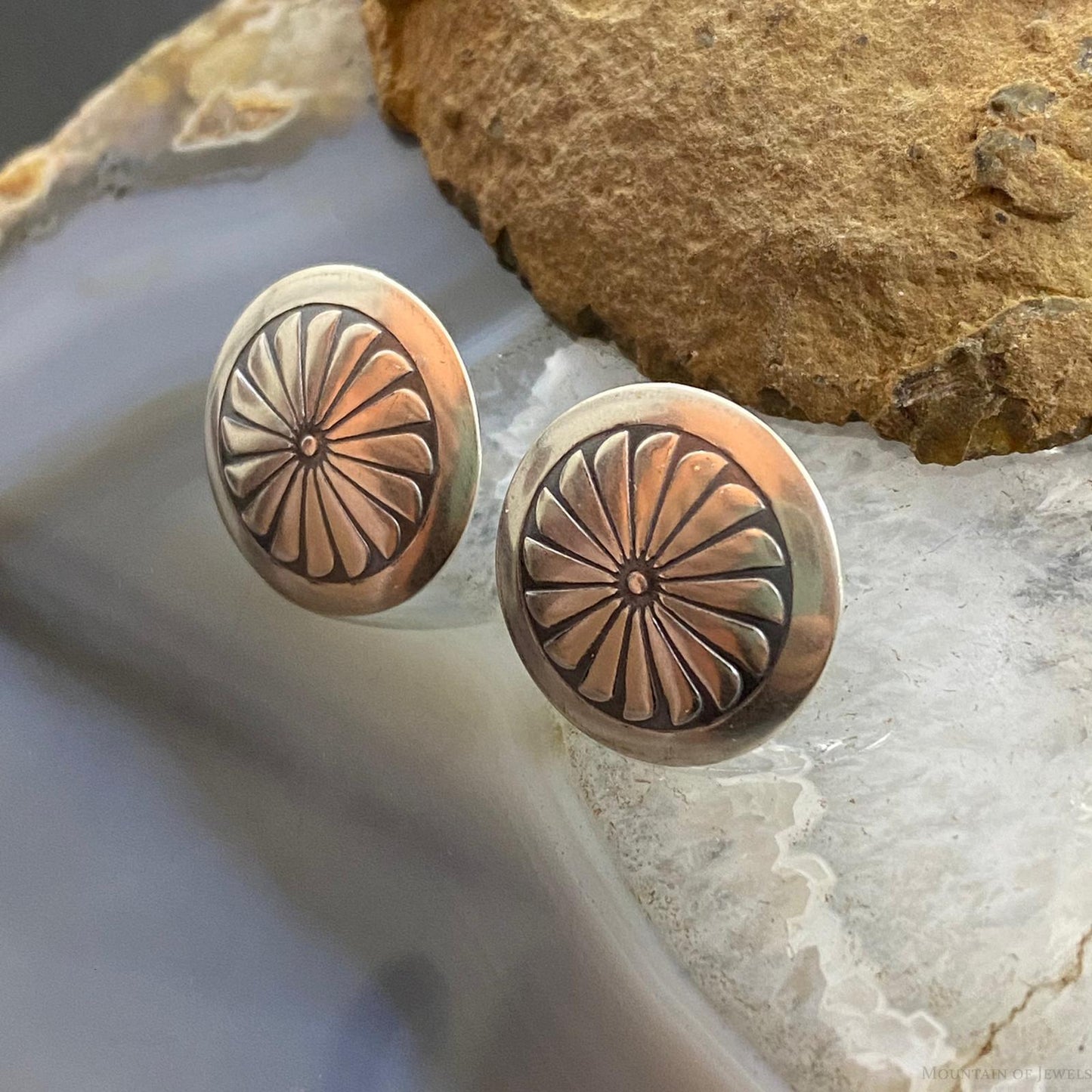 Native American Sterling Silver Round Stamped Concho Stud Earrings For Women #2