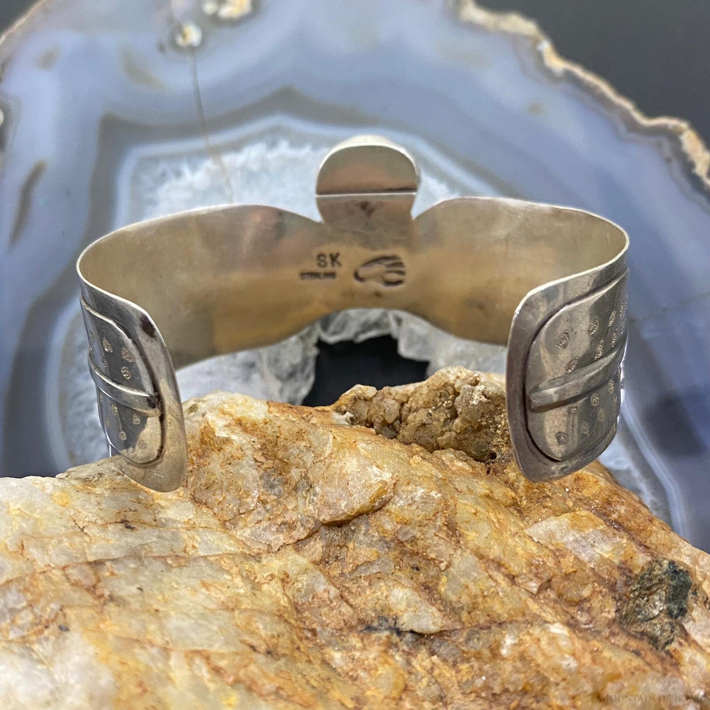 Vintage Signe Native American Sterling Silver Turquoise Overlay Texture Bracelet For Women