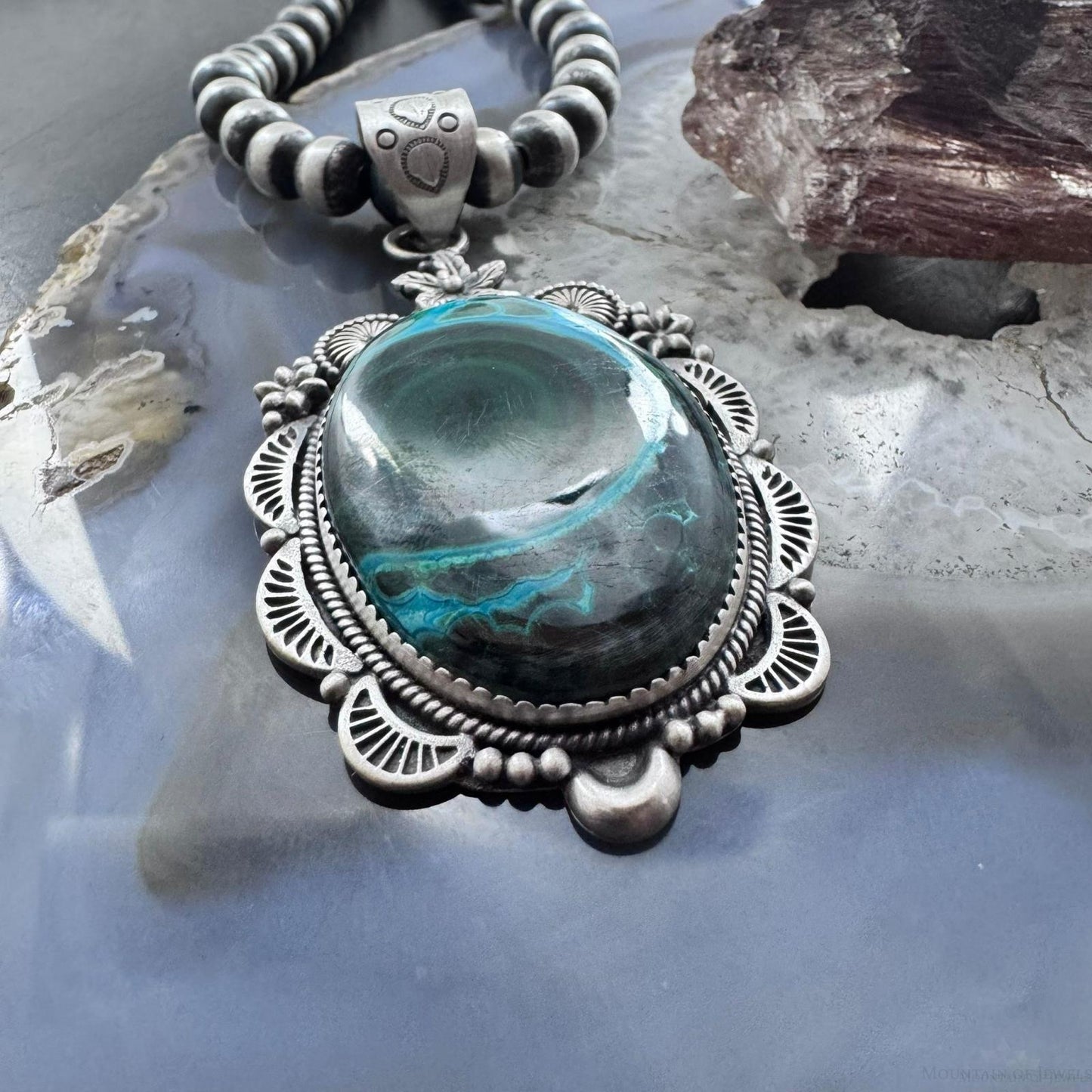 Sterling Silver Southwestern Style Oval Azurite Malachite Decorated Pendant For Women