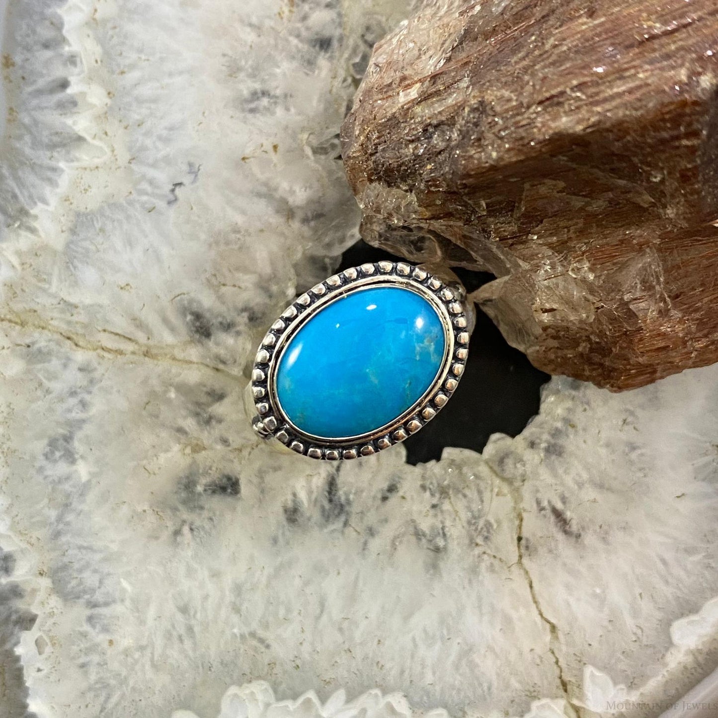 Carolyn Pollack Southwestern Style Sterling Silver Horizontally Mounted Oval Turquoise Decorated Ring For Women