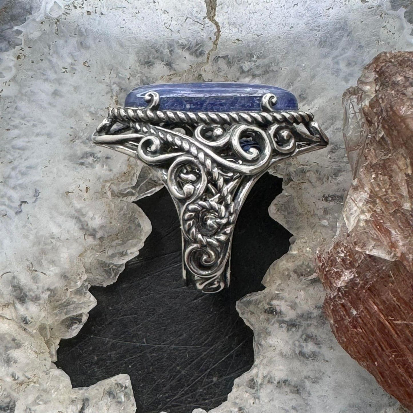 Carolyn Pollack Sterling Silver Elongated Oval Blue Quartz Decorated Ring Variety of Sizes