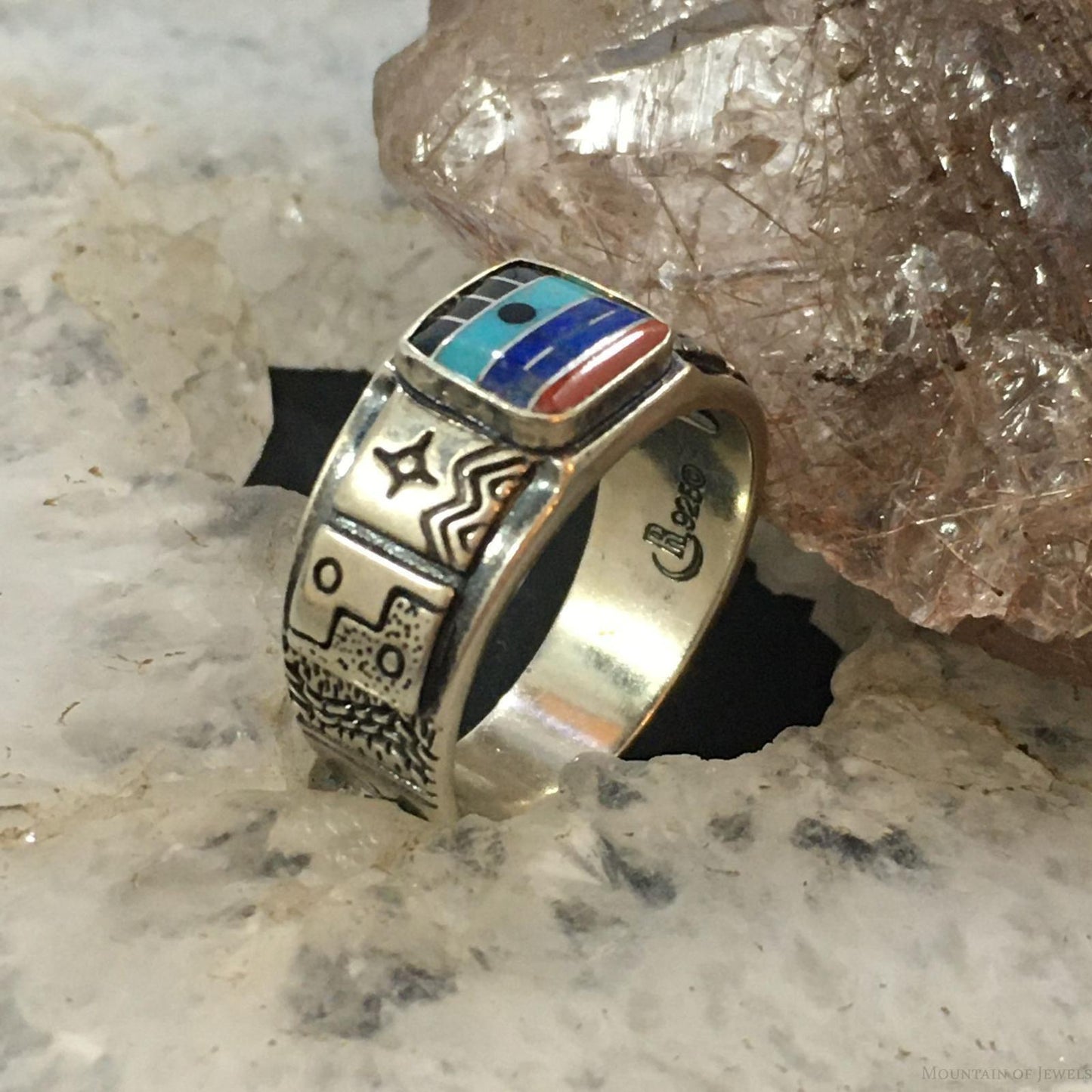 Carolyn Pollack Southwestern Style Sterling Silver Square Multistone Inlay Decorated Band Ring For Women