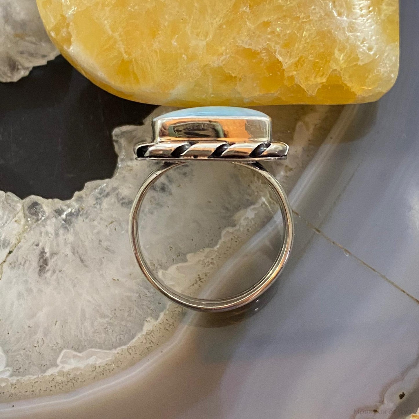 Native American Sterling Silver Larimar Rectangle Bar Ring Size 8.5 For Women
