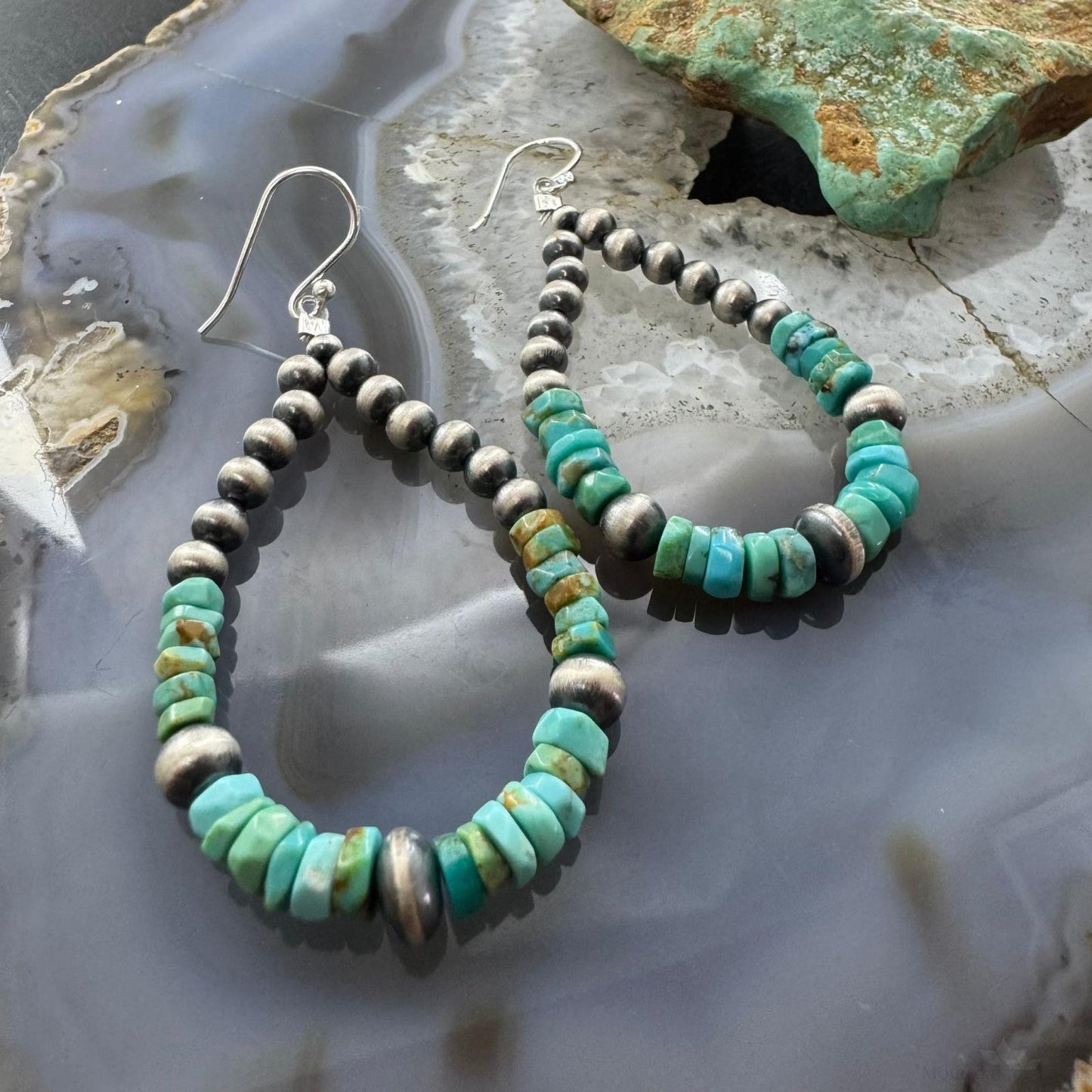 Sterling 4-6mm Navajo Pearl Southwester Style & 5mm Turquoise Bead Hoop Earrings For Women