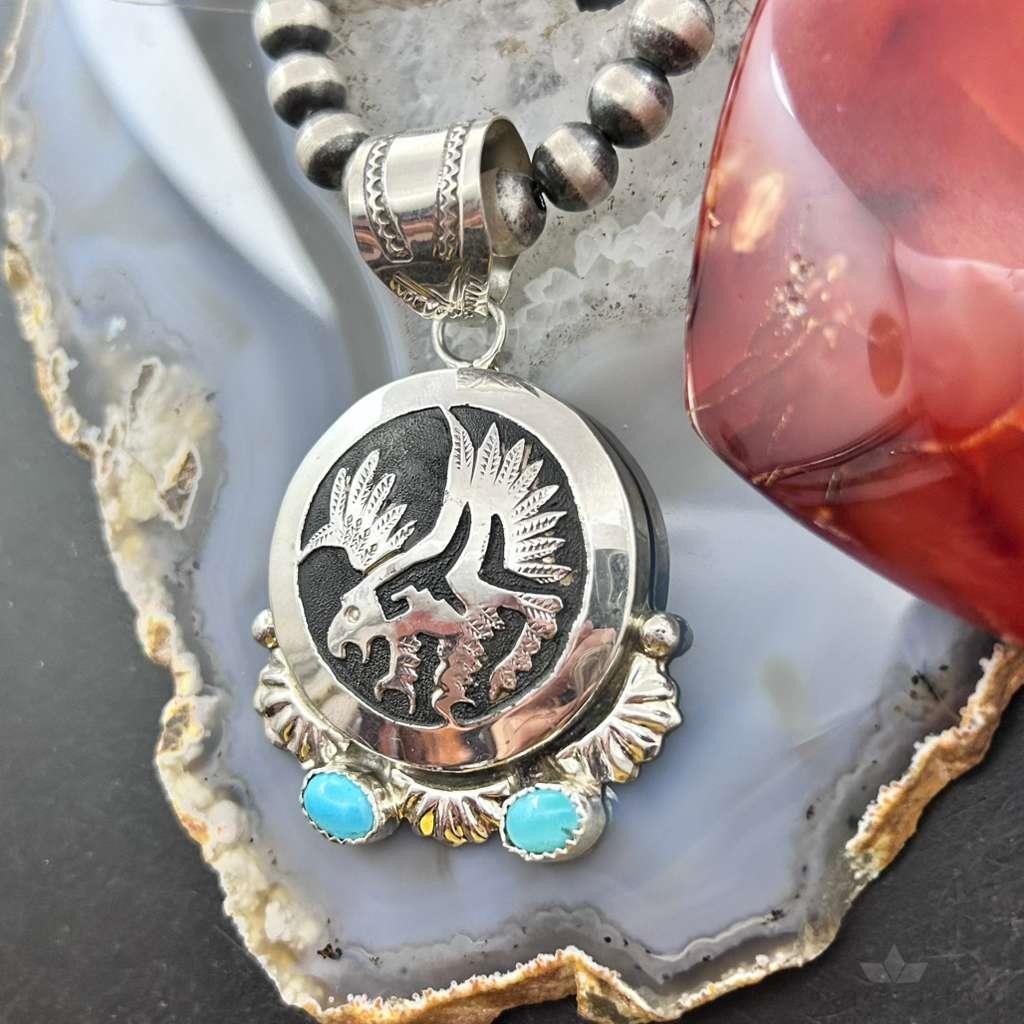 Alonzo Mariano Native American Sterling Silver Overlay Eagle & Turquoise Unisex Pendant