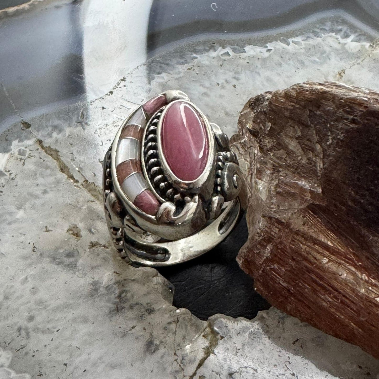 Carolyn Pollack Southwestern Style Sterling Silver Inlay Rhodonite & MOP Ring For Women