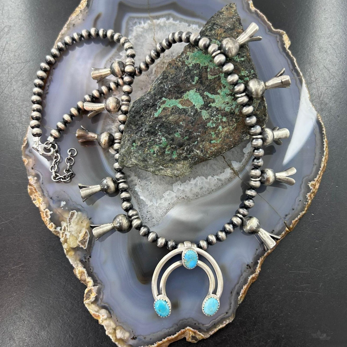 Sterling Silver Southwestern Style Naja w/Turquoise Squash Blossom 18"-20" Necklace For Women