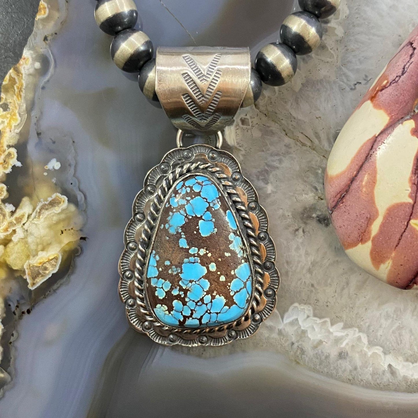 Gilbert Platero Sterling Teardrop Kingman Spiderweb Turquoise Decorated Pendant