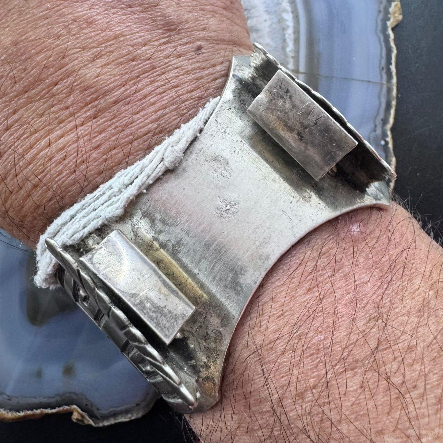 Vintage Signed Native American Silver Hopi Overlay Cornstalk Watch Cuff For Men