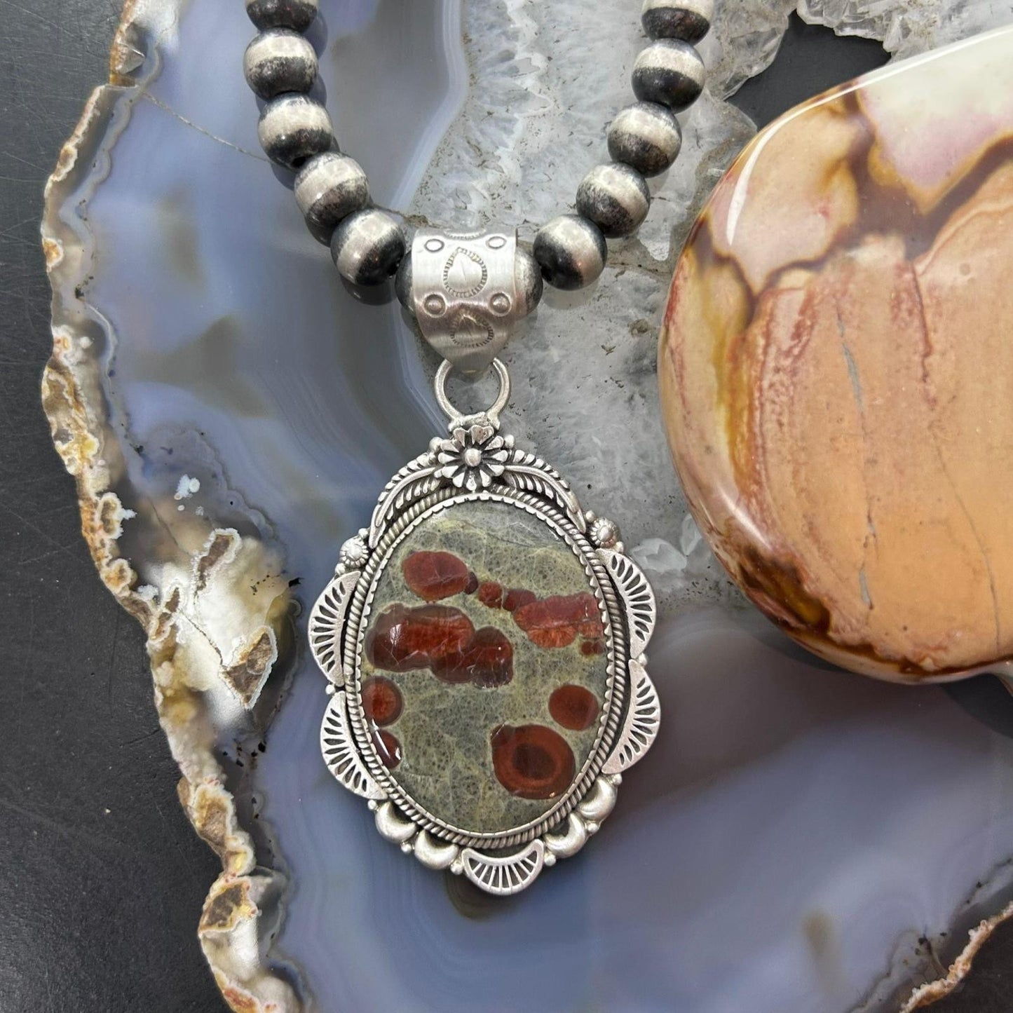 Sterling Silver Southwestern Style Oval Peanut Obsidian Decorated Pendant For Women