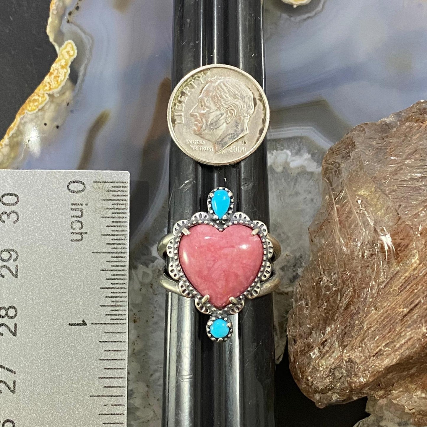 Carolyn Pollack Southwestern Style Sterling Silver Rhodonite & Turquoise Decorated Heart Ring Size 7.5 & 9 For Women