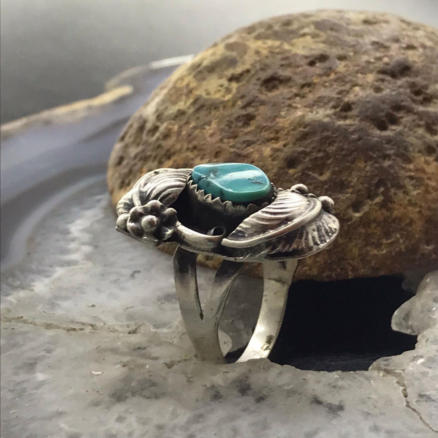 Vintage Signed Native American Silver Turquoise Floral Ring Size 7.5 For Women