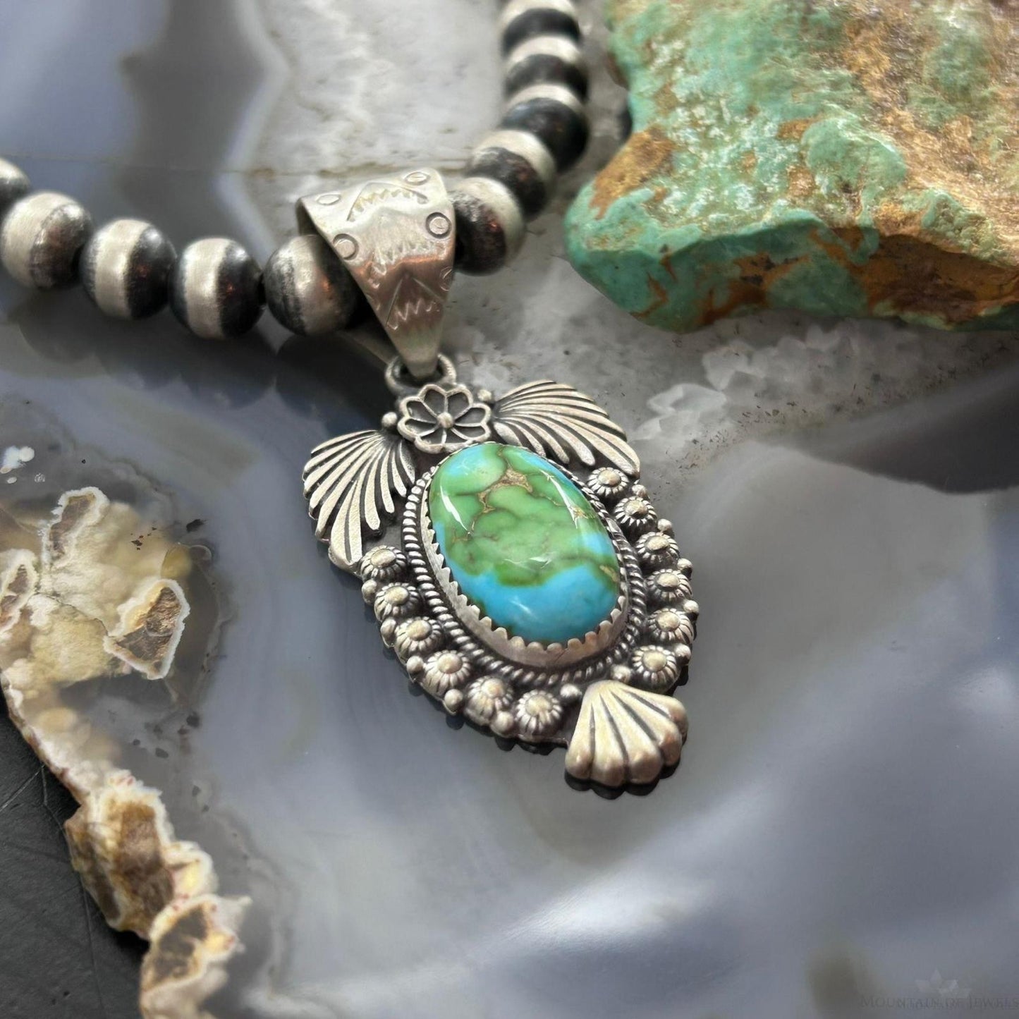 Sterling Southwestern Style Oval Sonora Gold Turquoise Leaves Decorated Pendant