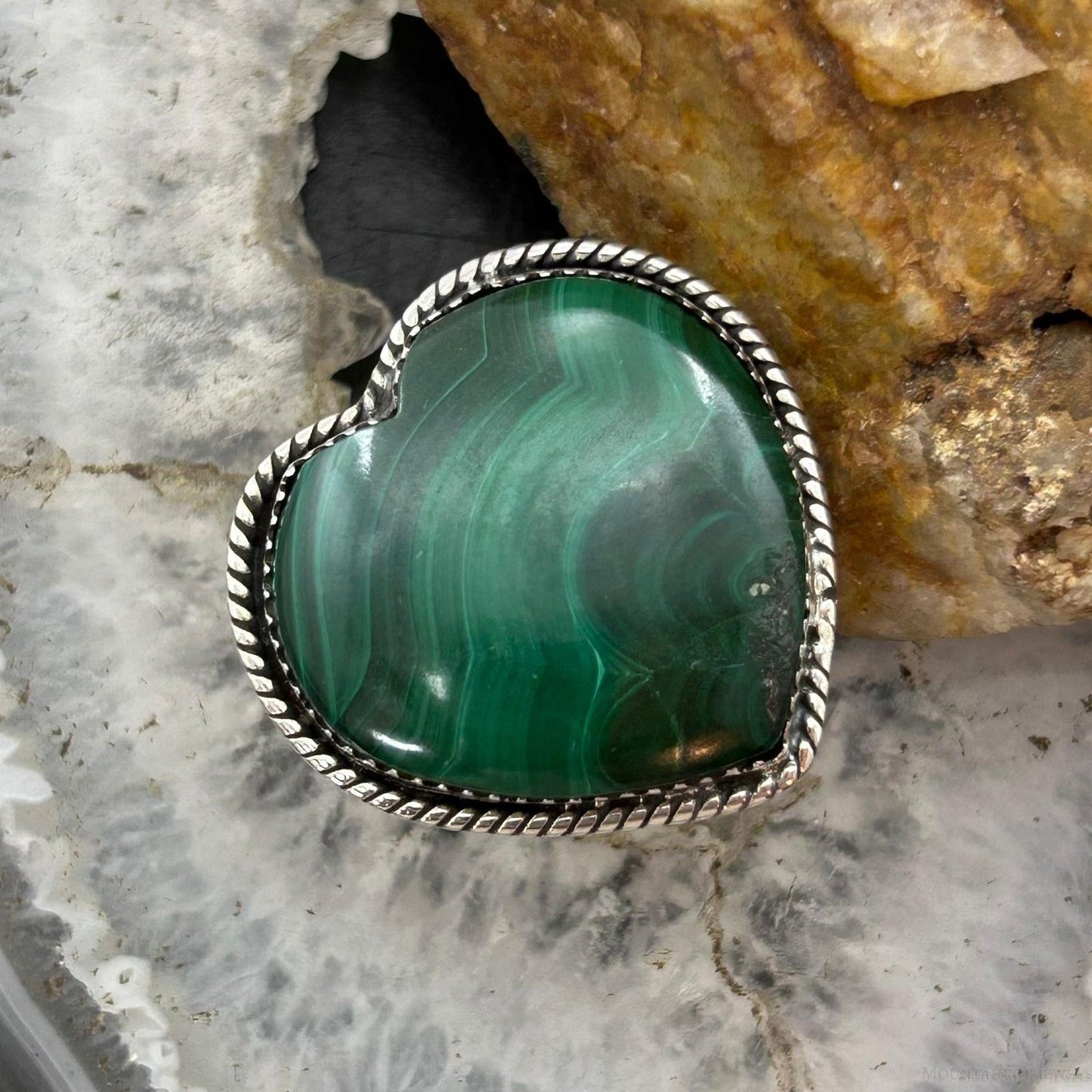 Sterling Silver Southwestern Style Malachite Heart Shape Ring Size 8 For Women