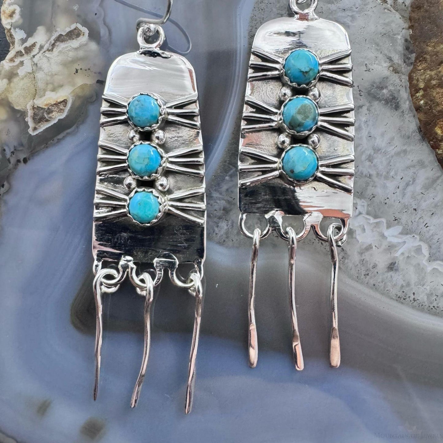 Sterling Silver Southwestern Style 3 Rounded Turquoise Tassel Dangle Earrings For Women