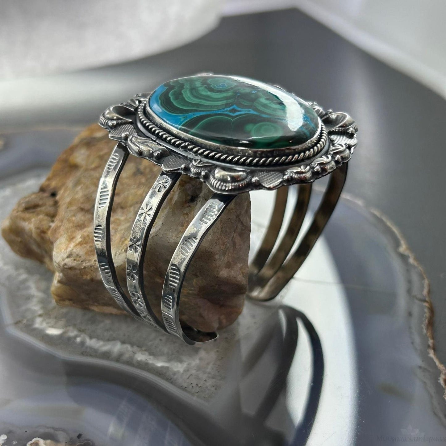 Sterling Silver Southwestern Style Large Oval Malachite Azurite Bracelet For Women
