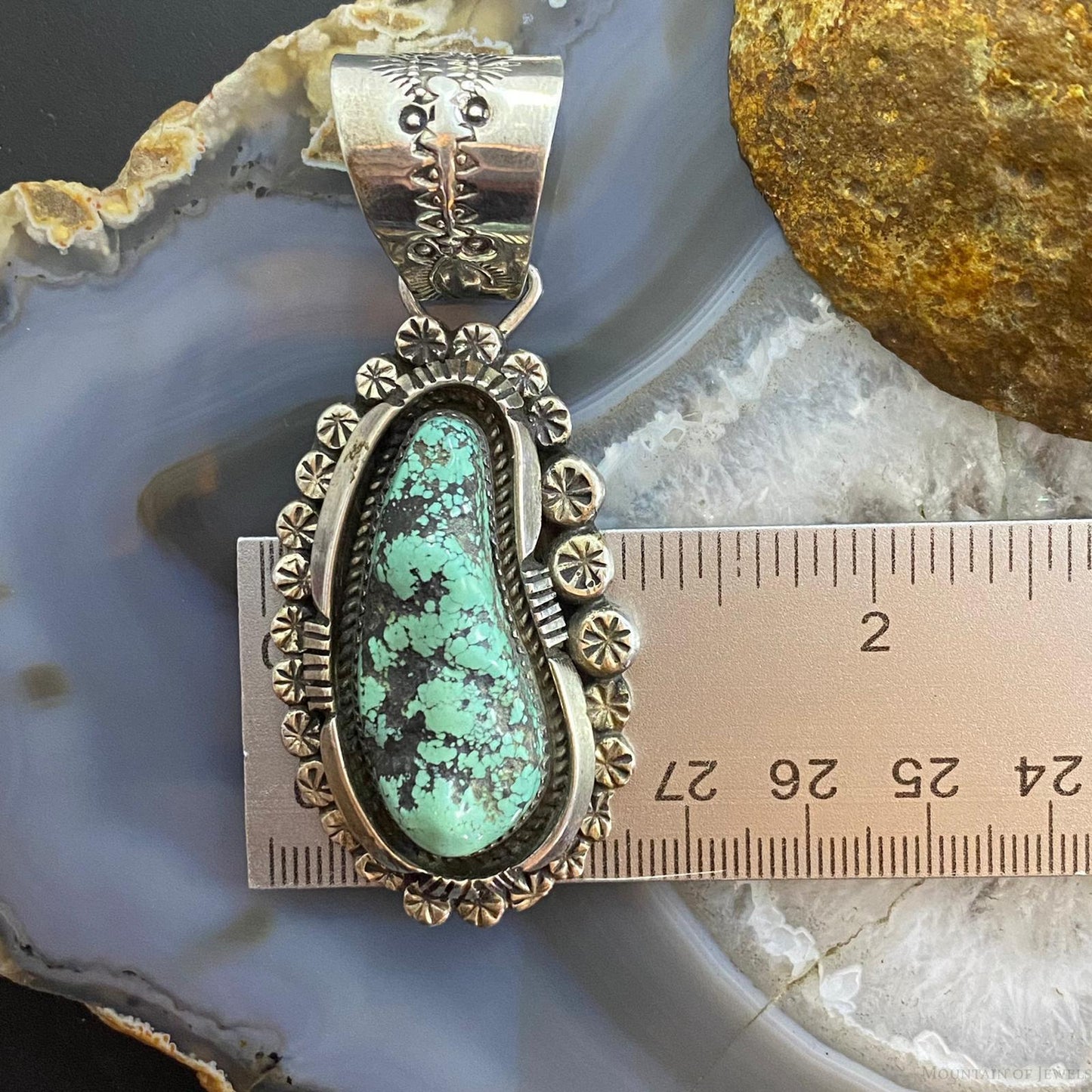 Native American Sterling Silver Green Kingman Turquoise Decorated Pendant