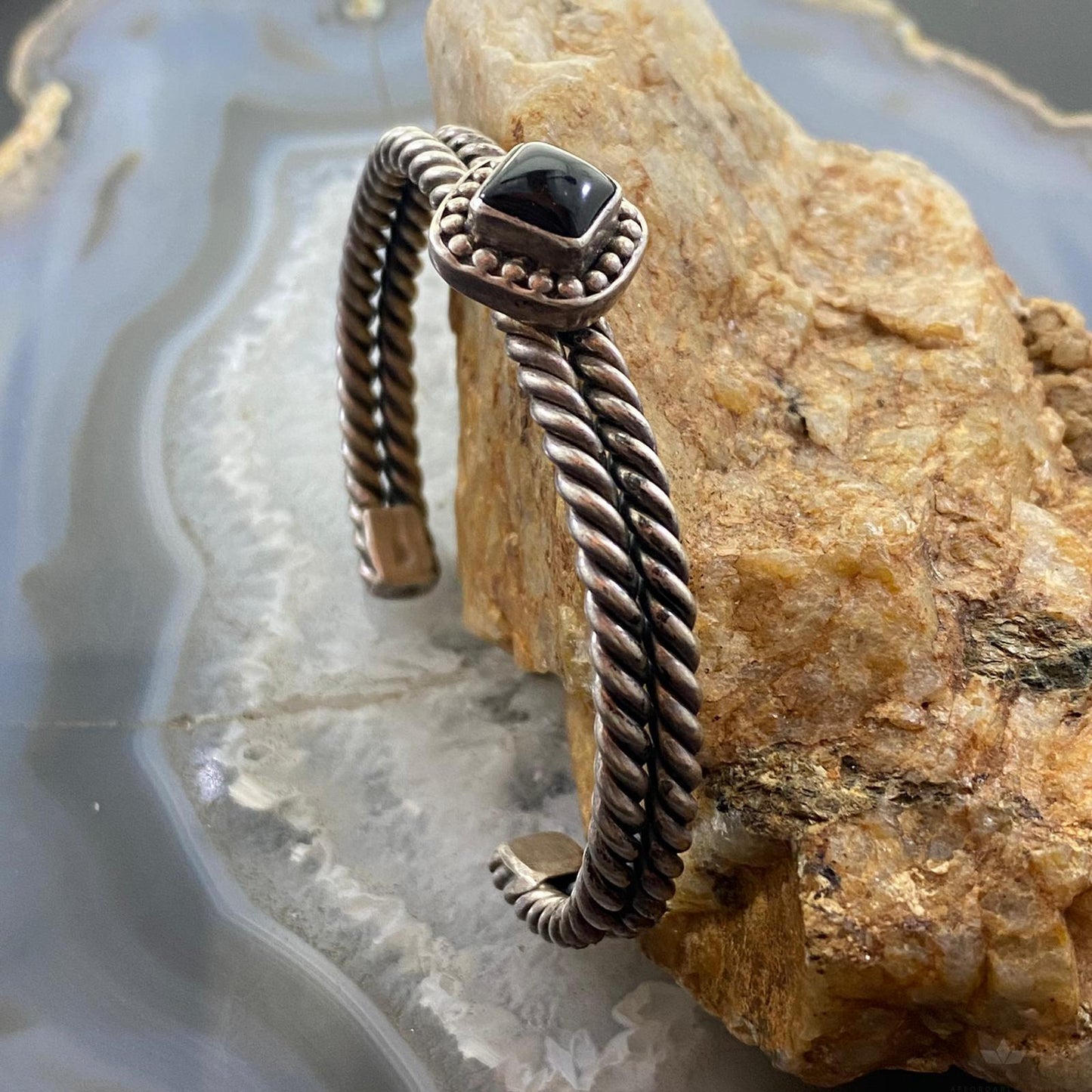 Vintage Native American Silver Square Onyx Double Coil Bracelet For Women