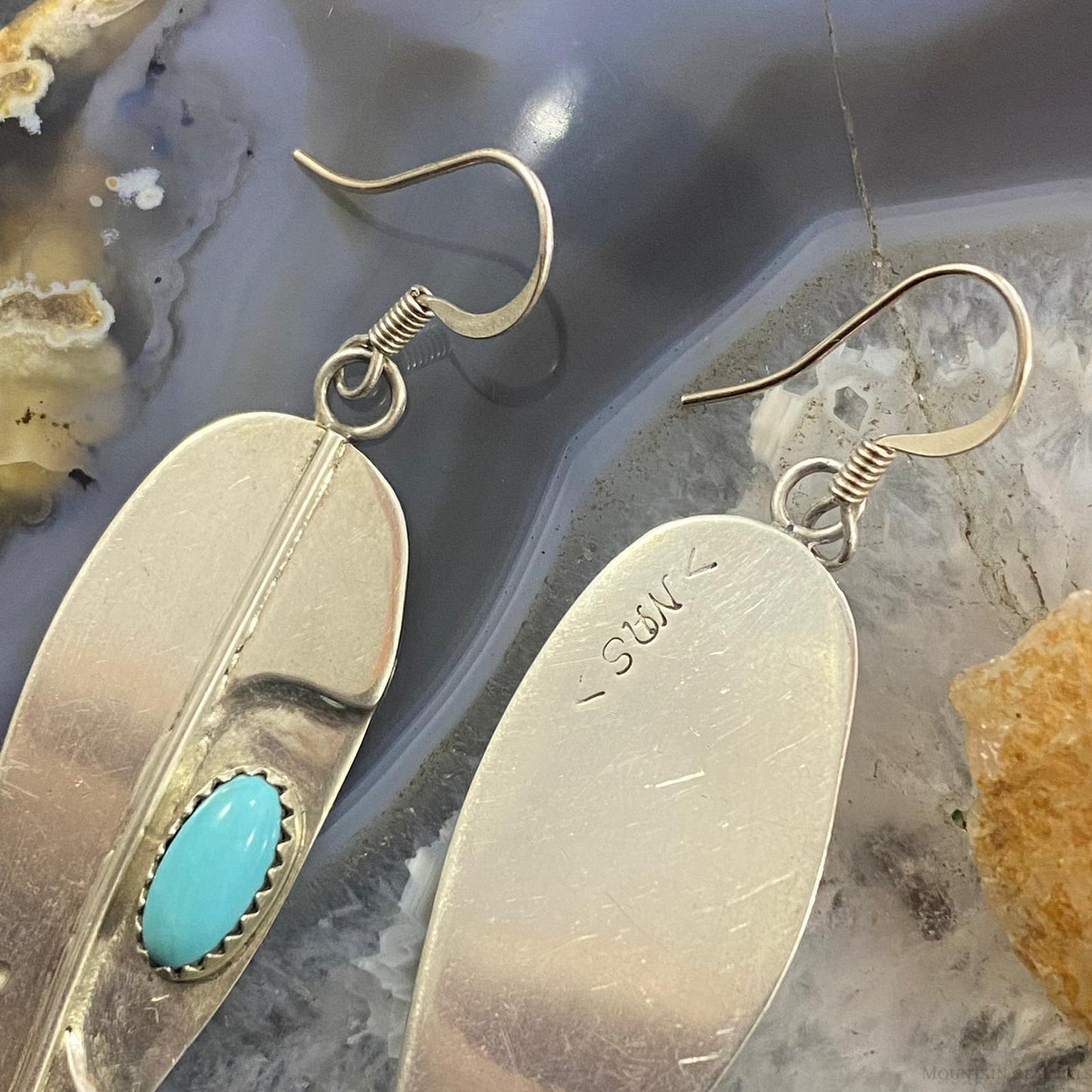 Signed Native American Sterling Silver Leaf Turquoise Dangle Earrings For Women