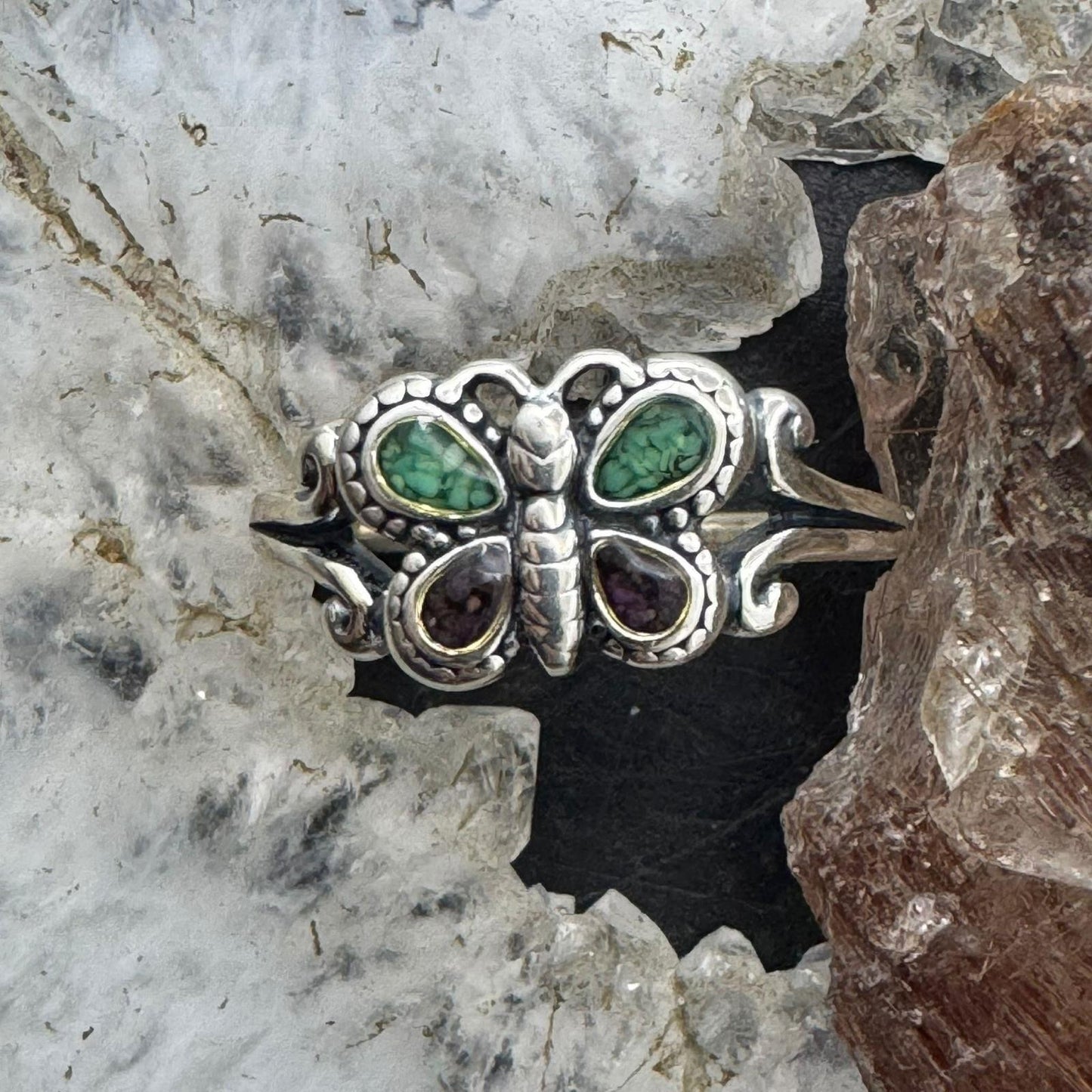 Carolyn Pollack Sterling Silver Turquoise & Amethyst Chip Inlay Butterfly Ring For Women