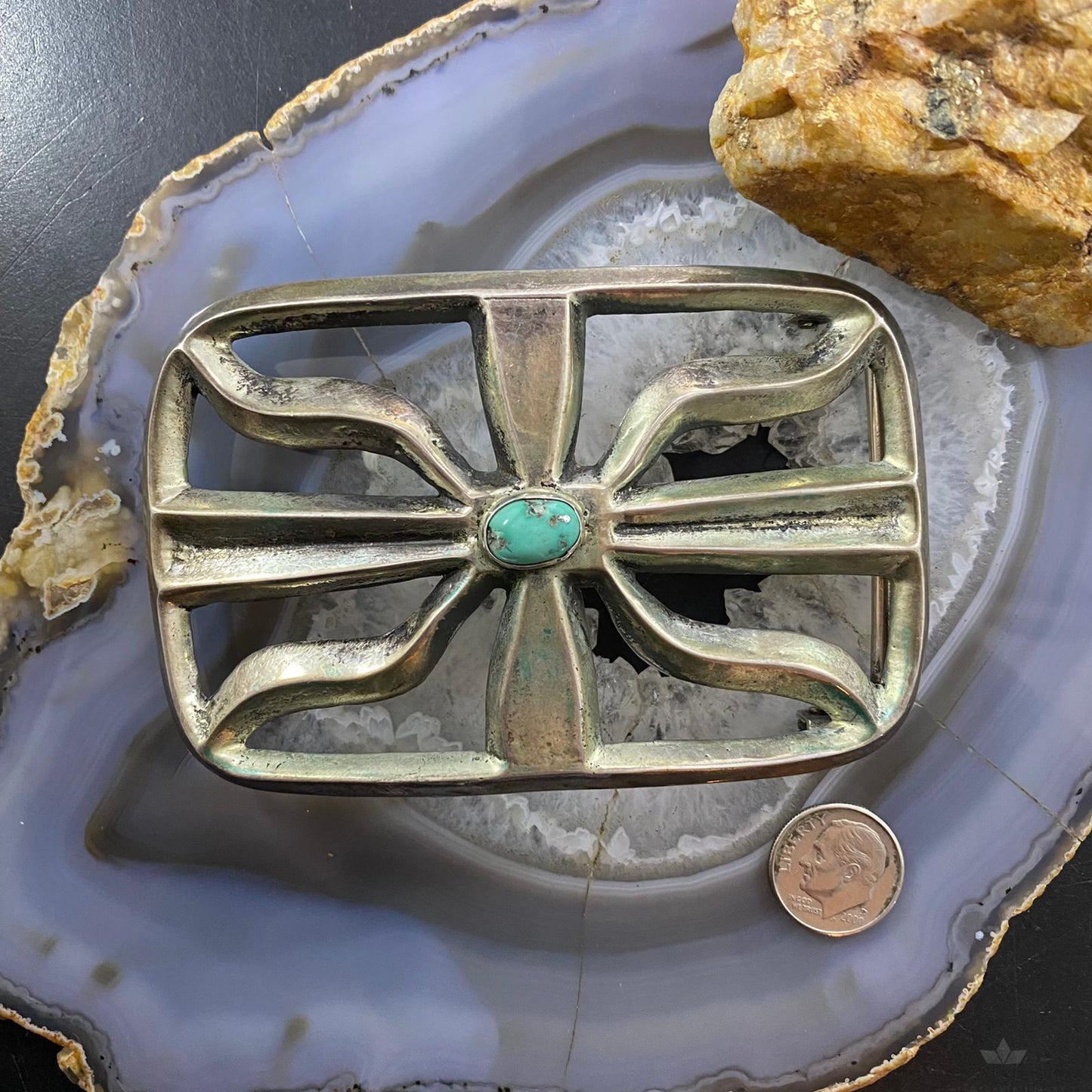 Vintage Native American Silver Sandcast Oval Turquoise Large Belt Buckle For Men