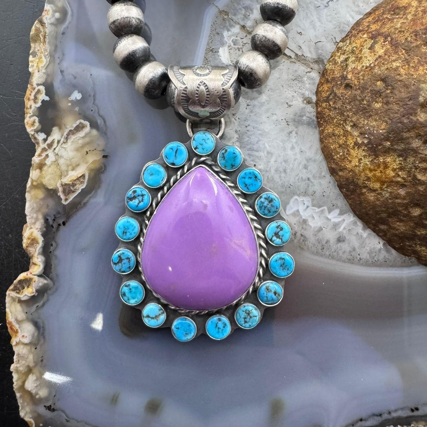 Native American Sterling Silver Purple Phosphosiderite & Turquoise Pendant For Women