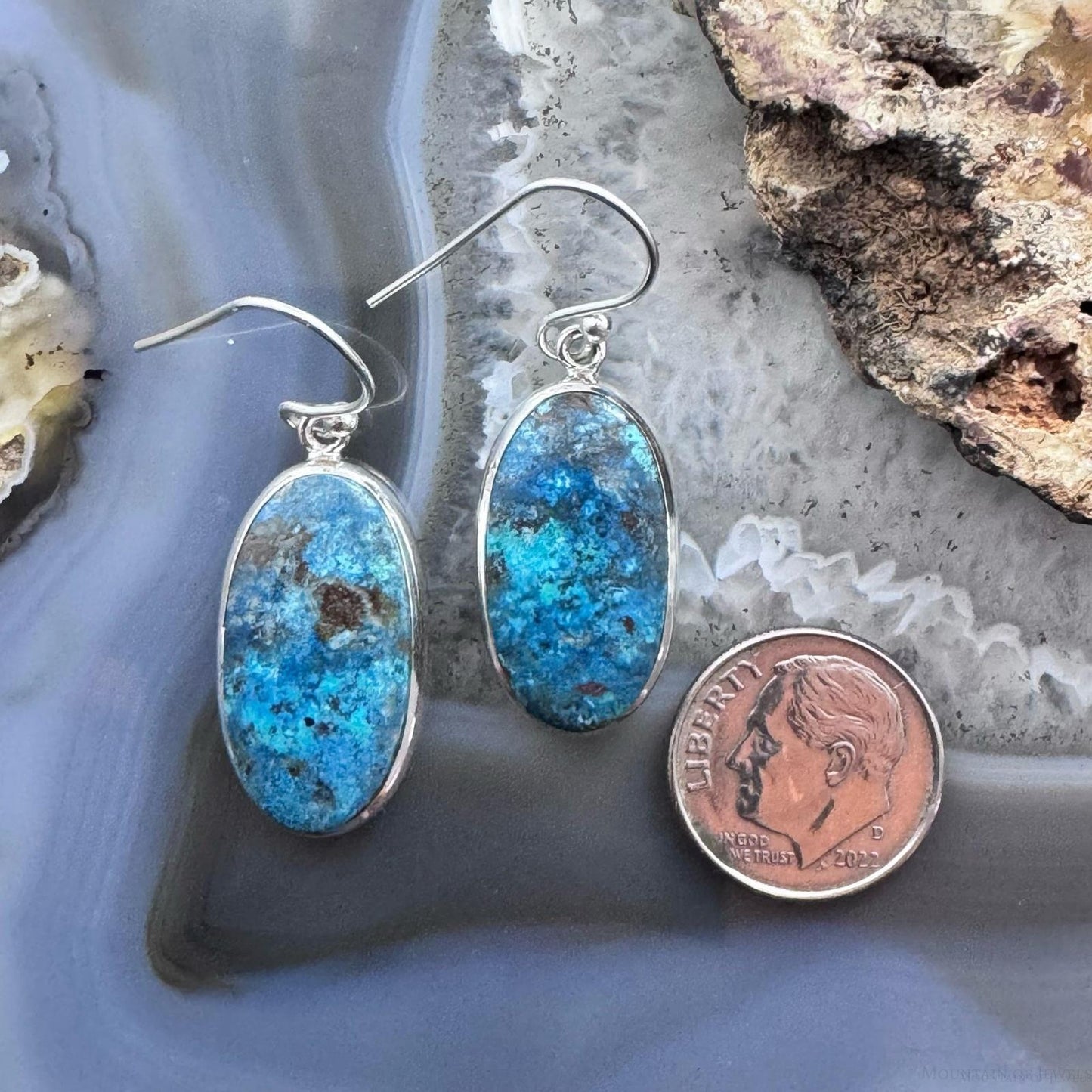 Sterling Silver Southwestern Style Oval Shattuckite Dangle Earrings For Women