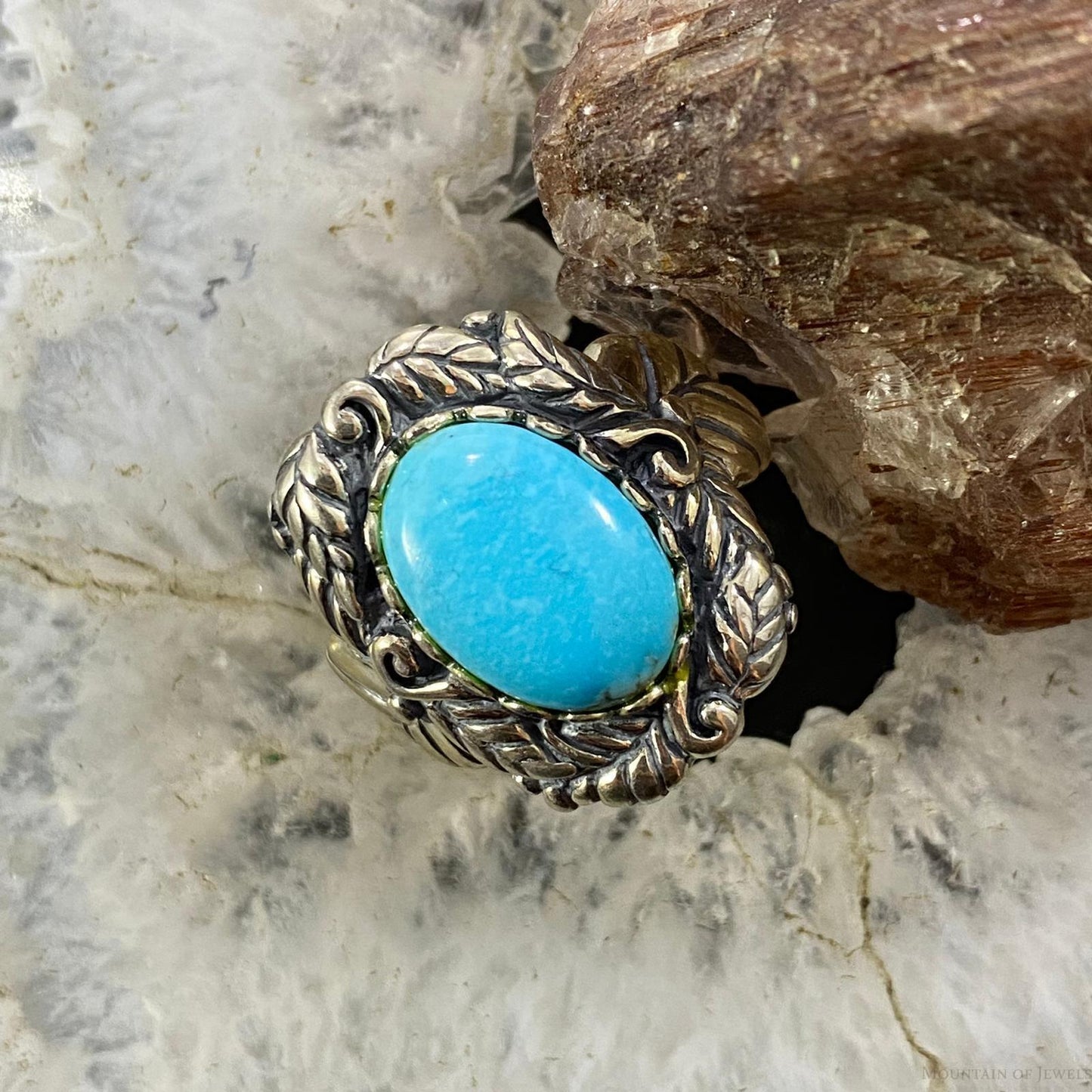 Carolyn Pollack Sterling Silver Oval Turquoise Leaf Design Ring Size 7, 8.5