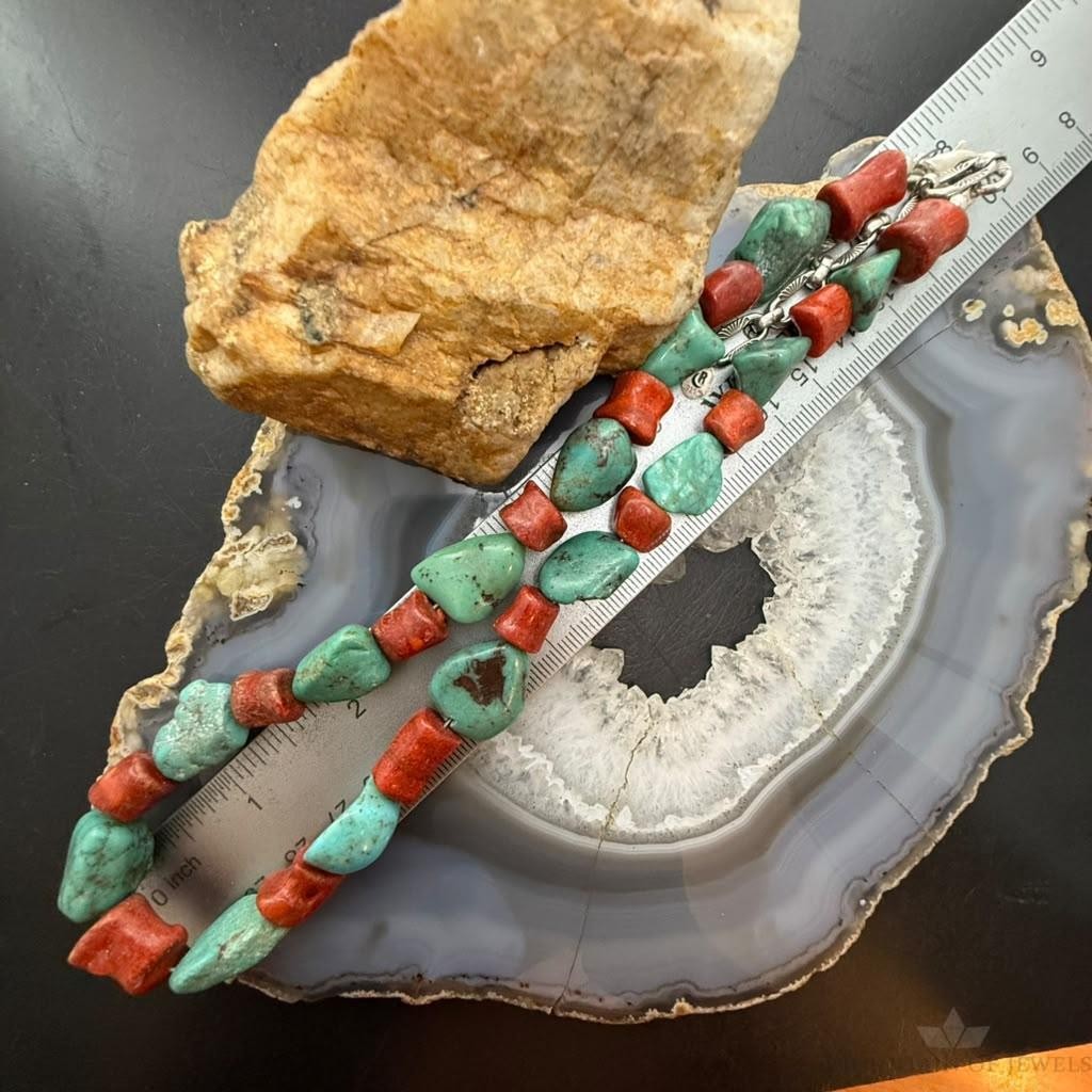 Carolyn Pollack Sterling Silver Natural Turquoise & Coral Beads 16"-18" Necklace For Women