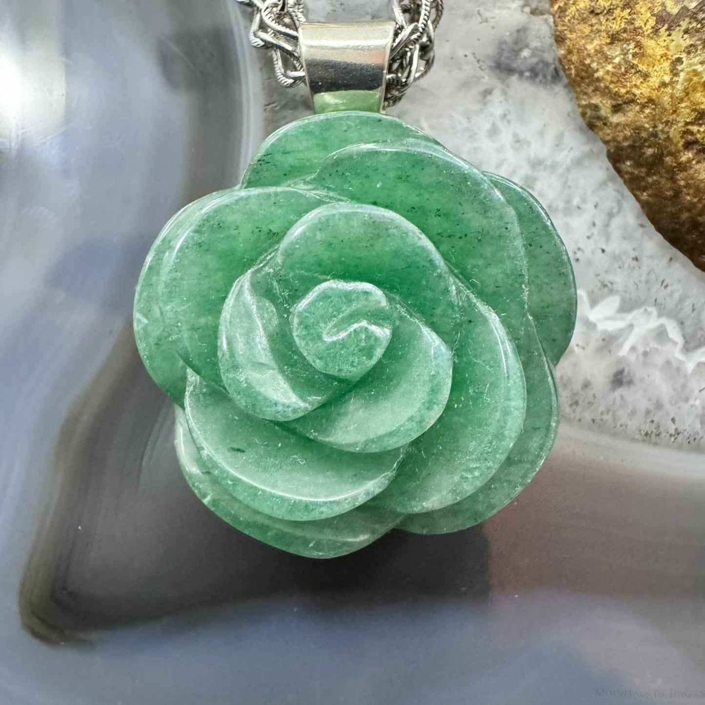 Carolyn Pollack Sterling Carved Green Aventurine Rose Pendant W/Chain Necklace For Women