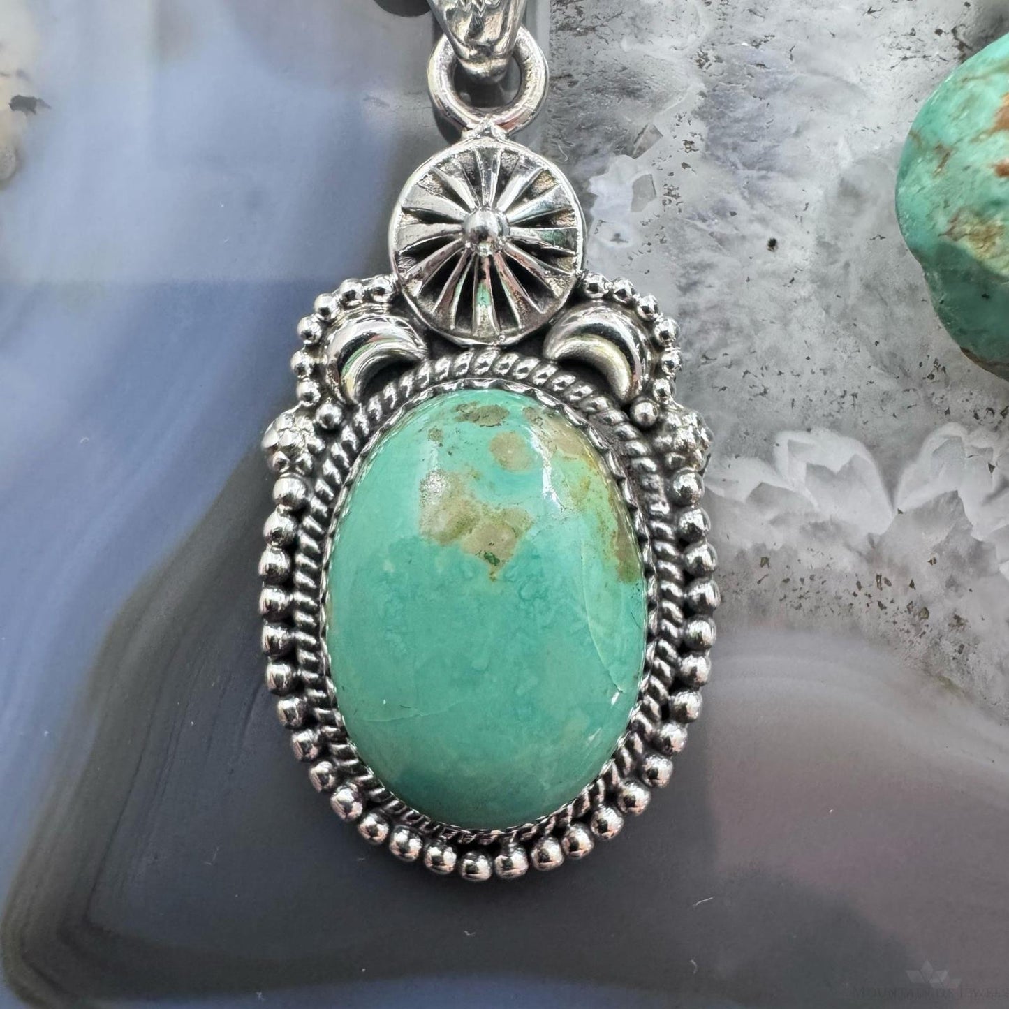 Sterling Silver Southwestern Style Oval Green Turquoise Decorated Pendant For Women