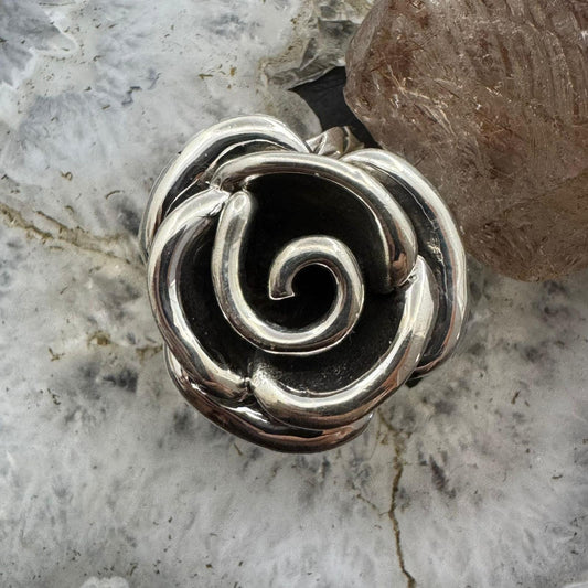 Sterling Silver Rose with Decorated Band Fashion Ring For Women, Taxco Mexico
