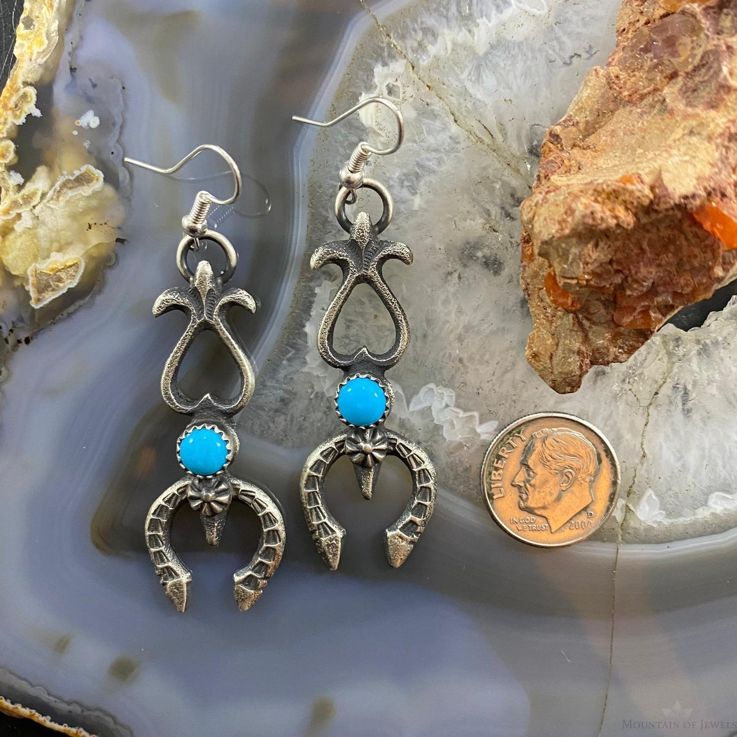 Kevin Billah Native American Sterling Silver Sandcast Turquoise Naja Dangle Earrings #4