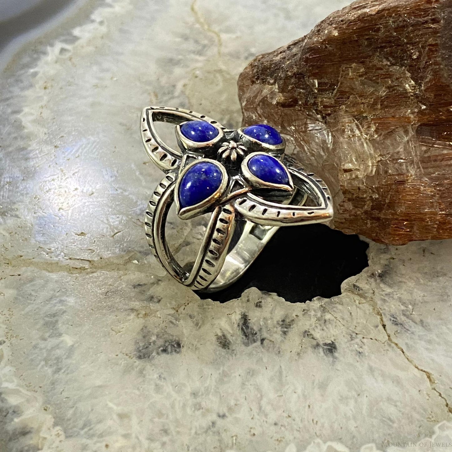 Carolyn Pollack Southwestern Style Sterling Silver 4 Lapis Lazuli Flower Cluster Ring For Women